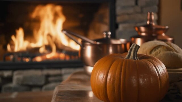 A bright orange pumpkin sits on a table in front of a warm, crackling fireplace