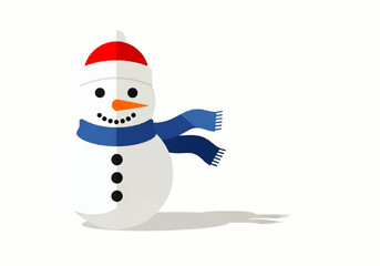 Simple flat vector illustration of a snowman wearing a red hat and blue scarf, casting a shadow.