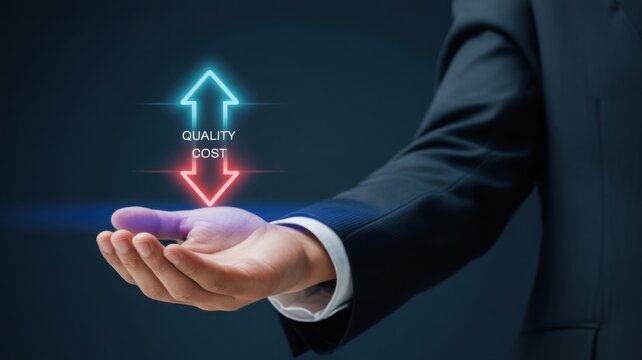 A businessman holding up the up and down arrow graphic that represents quality and cost