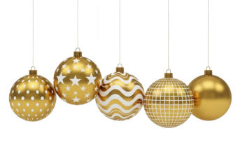 Golden christmas baubles isolated on transparent background