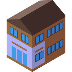 Isometric brown building with blue windows and light purple facade representing urban architecture and real estate design elements on a white background