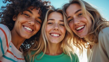 Fototapeta premium Three joyful friends sharing smiles in the sunlight