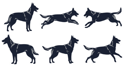 Set of Dog Silhouettes Showing Canine Action Movement and Static Poses