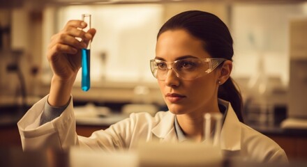 Woman scientist in safety eyeglasses holding test tube with blue liquid, working in a laboratory. Scientific research and experiment concept for educational material.