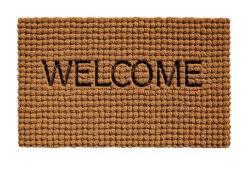 Brown coir doormat with 'welcome' text, home entrance decor isolated on transparent background