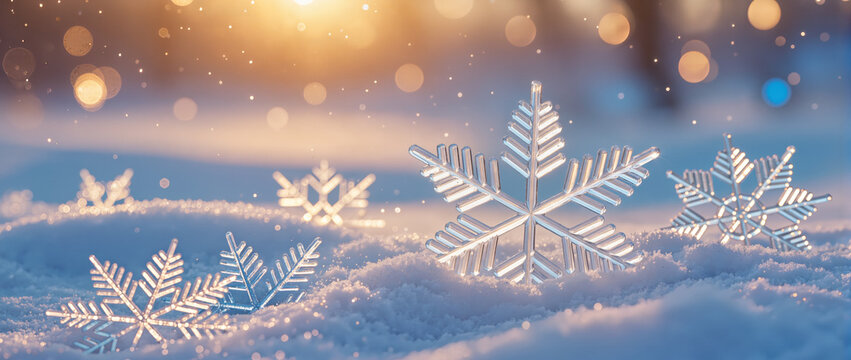 Close-up of sparkling snowflakes on fresh snow, glowing warm bokeh lights in the background, creating a magical, festive winter atmosphere.