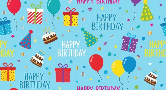Vibrant birthday celebration backdrop with whimsical gifts, balloons, and playful designs for
