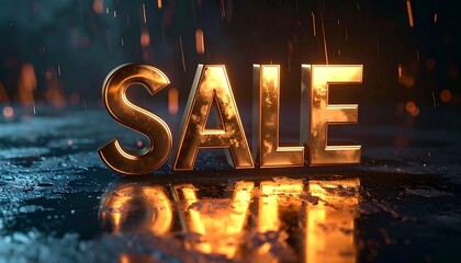 Large bold metallic letters spelling 'SALE' on a glossy black textured background, dramatic shadows enhancing contrast