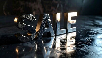 Large bold metallic letters spelling 'SALE' on a glossy black textured background, dramatic shadows enhancing contrast