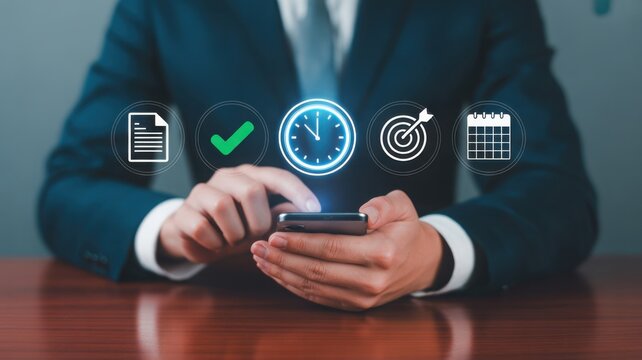 Close-up of a person using a mobile phone to manage their tasks, goals, and schedule