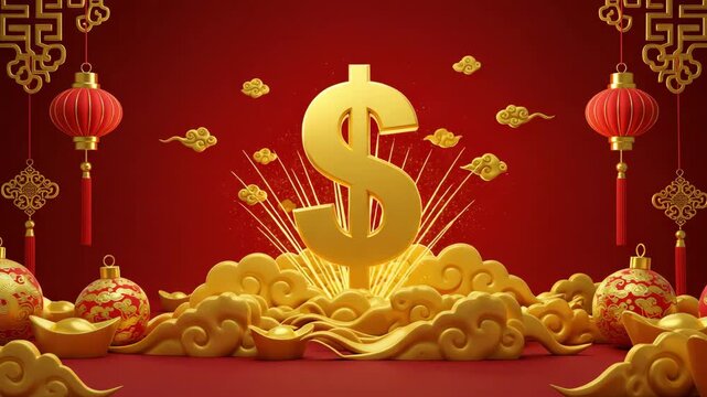 Dollar sign amidst golden clouds and Chinese ornaments, economic growth and wealth symbol in festive celebration