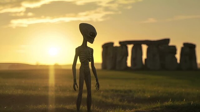 A surrealistic depiction of an alien standing in a grassy field during sunset. The alien is depicted in a side profile.