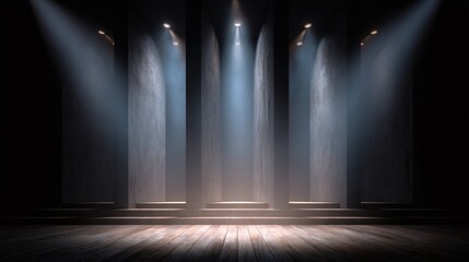 Naklejka premium An atmospheric shot of a dark stage with spotlights. Moody lighting adds depth and drama, casting light beams to create visual interest. Ideal for theatrical productions.