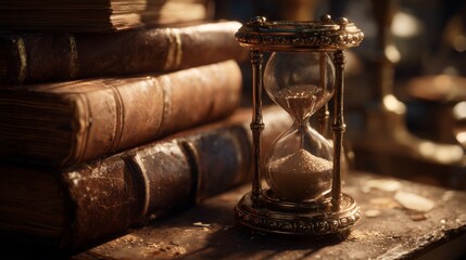 Vintage hourglass among antique books on a rustic wooden table, symbolizing the passage of time and knowledge in a cozy library setting