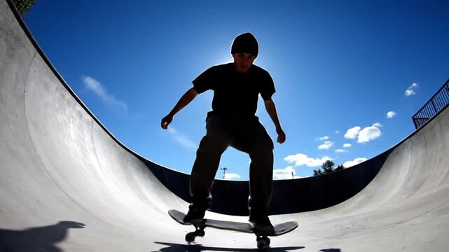 Silhouette of a skateboarder performing an aerial trick high above a concrete skatepark bowl against a bright blue sky