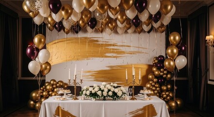 Elegant celebration table with balloons, candles, and floral centerpieces creating a festive