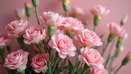 Delicate pink carnations blooming against a soft pink backdrop