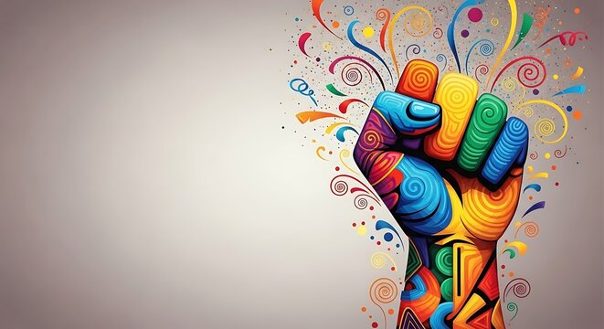 Vibrant celebration of diversity and inclusion with a colorful raised fist, symbolizing unity, empowerment, and social justice for a brighter future