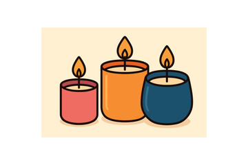 Flat vector illustration of bright scented candle trio with bold holders rounded forms clean outline