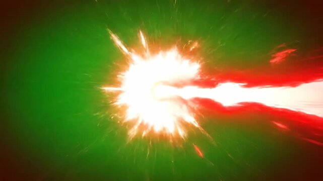 Energy beam with glowing red core on green chromakey background. Visual effects footage of lighting burst and spark explosion. SFX animation for sci-fi production and digital compositing.