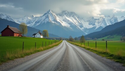 Scenic gravel road leading to majestic snow-capped mountains