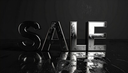 Large bold metallic letters spelling 'SALE' on a glossy black textured background, dramatic shadows enhancing contrast