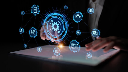 Predictive maintenance icons for industry, automation, smart factory and manufacturing showing data analysis, monitoring, robotics and system optimization with advanced maintenance solutions. Entice