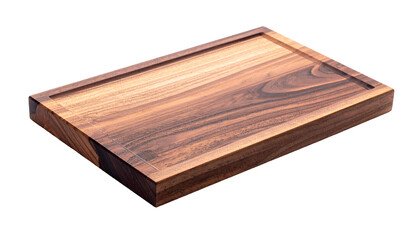 Angled close-up of a rectangular wooden cutting board with juice groove and dark grain