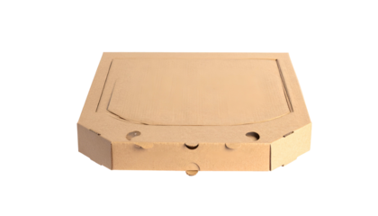 A closed, octagonal cardboard box, likely for pizza, with a smooth surface on black