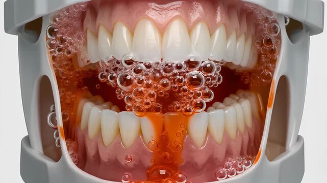 Close-up of dental model with bubbling orange liquid and hydrogen peroxide effect