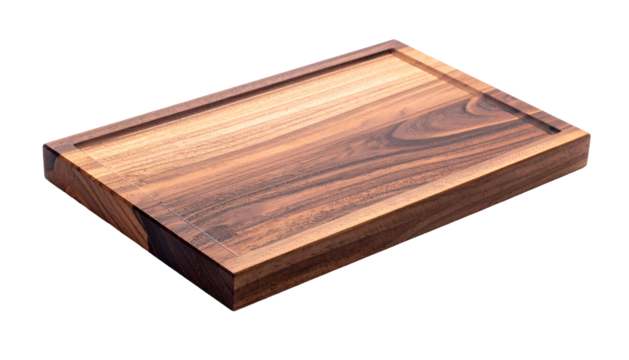 Angled close-up of a rectangular wooden cutting board with juice groove and dark grain