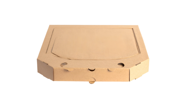 A closed, octagonal cardboard box, likely for pizza, with a smooth surface on black