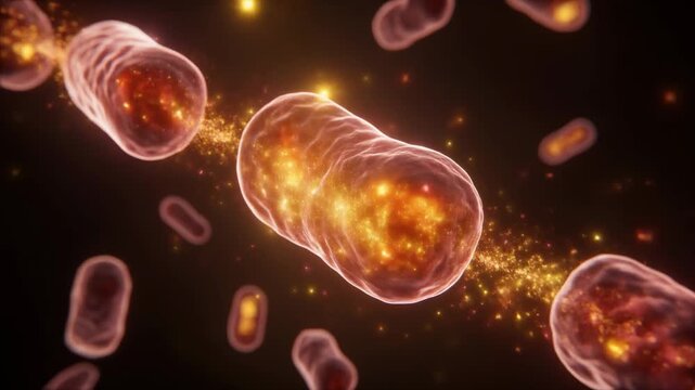 Microscopic animation of glowing particles within cell-like structures