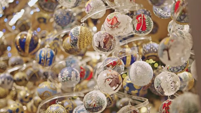 Blue and Gold Hand-Painted Christmas Ornaments at Festive Market Stall.Captured on November 16,2025.