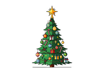Illustration of a decorated Christmas tree with a star on top, ornaments, gifts, and candy canes, isolated on a white background.