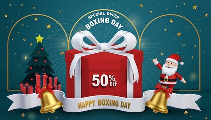 Cheerful Boxing Day sale illustration featuring a large red gift box, Santa Claus, and a fifty percent discount on a festive background