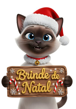 3d cute siamese cat holding brinde de natal sign with santa hat