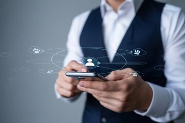 Business professional using a phone with a network of digital icons displayed above