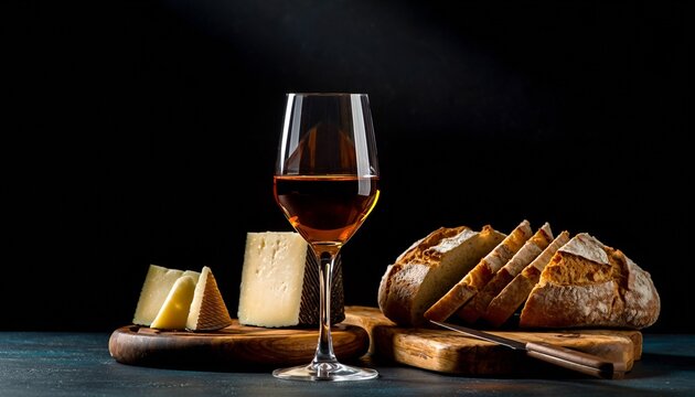 Bodeg&oacute;n con vino espa&ntilde;ol, pan artesanal y queso curado, fondo oscuro y luz lateral suave, estilo art&iacute;stico cl&aacute;sico