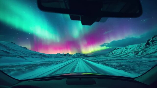 Aurora Borealis from the inside of a car on a snowy road, with a breathtaking view of the aurora borealis in the background.