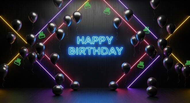Vibrant birthday celebration with neon lights balloons and cake icons in dark theme - Powered by Adobe