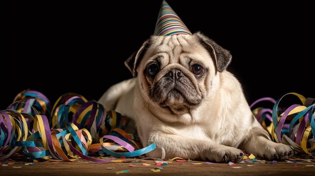 A charming pug lies among colorful streamers and confetti. Wearing a festive striped party hat, the dog seems ready to celebrate! This dog is adorable and playful!