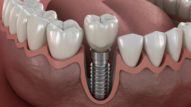 Dental Implant Cross-Section Animation: Screw and Crown Placement