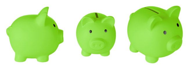 Set Piggy bank pig Green color on isolated white background close up