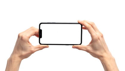 Human hands holding a phone horizontally with a blank white screen against a black backdrop