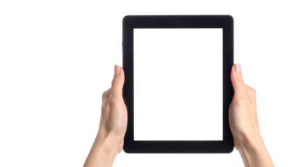 A close-up of a person holding a tablet with a blank screen against a black background
