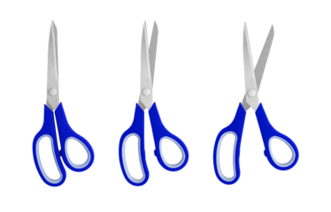 A set of blue handled scissors shown in closed, half-open, and open positions on a white background. Featuring sharp stainless steel blades and ergonomic grips, ideal for office, 
