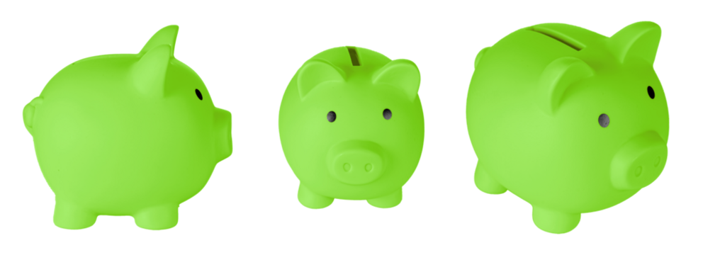 Set Piggy bank pig Green color on isolated white background close up