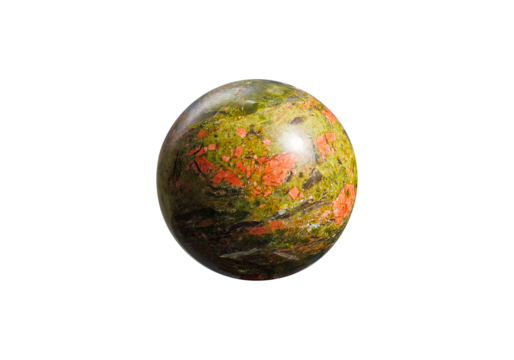 A vibrant Unakite ball on an isolated white background, showcasing a mix of bright green and pink hues with a lustrous surface. Perfect for spiritual decor or gemstone displays.
