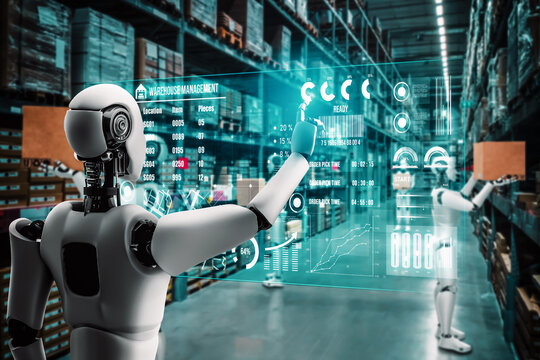 Innovative industry robot working in warehouse for human labor replacement . Concept of artificial intelligence for industrial revolution and automation manufacturing process . - Powered by Adobe